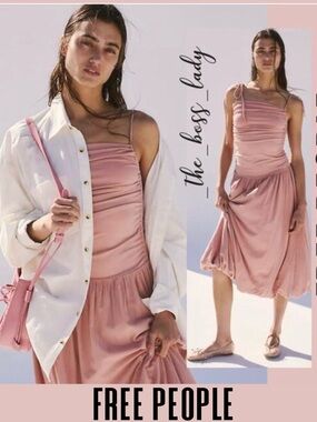 Free People dress bubble skirt midi pleated cotton blend drop waist square neck